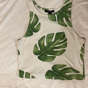 White Cropped Tank w/ Monstera Leaves